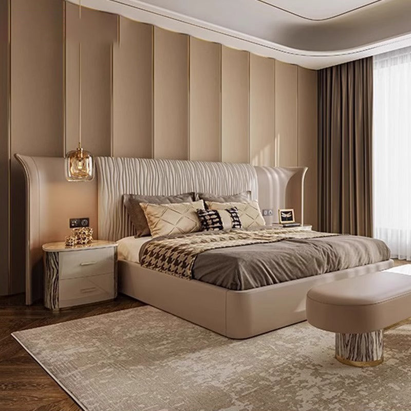 ELUXFI CASA Italian Modern Leather Bed - Premium Top-Grain Leather King Size Platform Bed with Wide Headboard