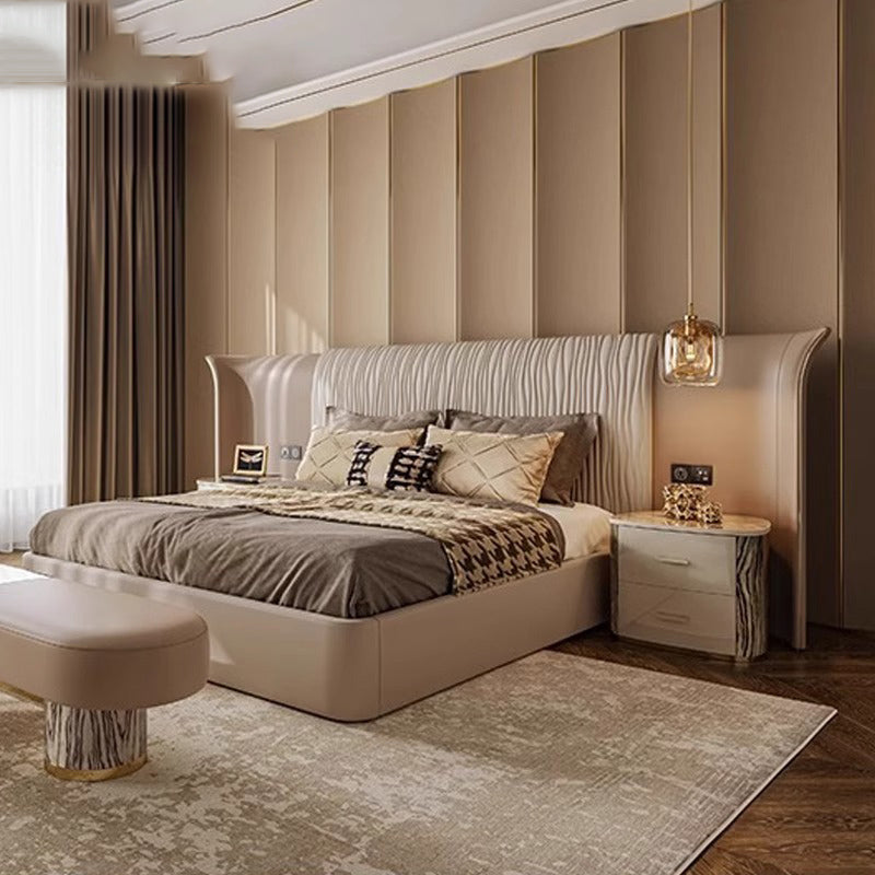 ELUXFI CASA Italian Modern Leather Bed - Premium Top-Grain Leather King Size Platform Bed with Wide Headboard