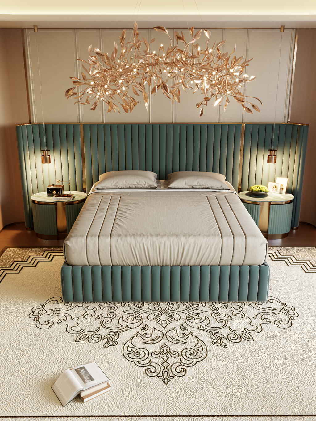 ELUXFI CASA Italian Modern Wide Platform Suede Bed - 304 Stainless Steel Gold Plated Decor - Luxury Wide Headboard Bed for Master Bedroom