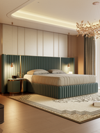 ELUXFI CASA Italian Modern Wide Platform Suede Bed - 304 Stainless Steel Gold Plated Decor - Luxury Wide Headboard Bed for Master Bedroom