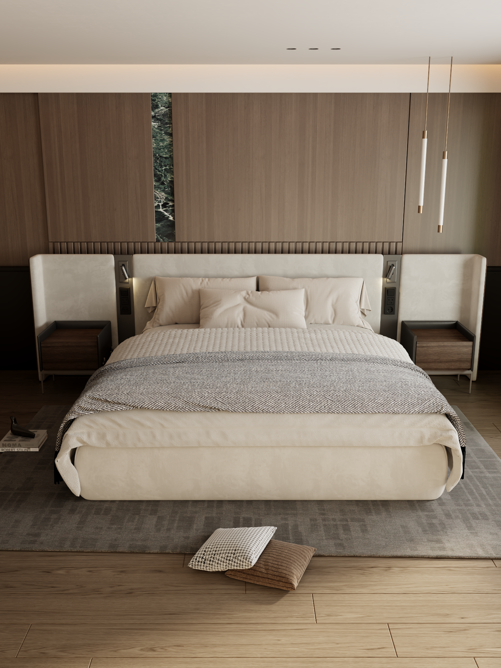 ELUXFI CASA Italian Modern LED Leather Bed - Wide Headboard Platform Bed with Ambient Lighting