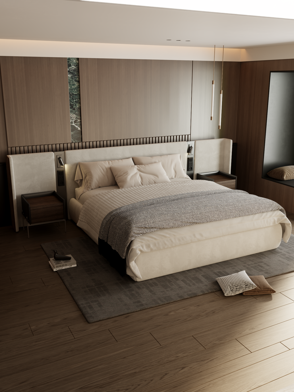 ELUXFI CASA Italian Modern LED Leather Bed - Wide Headboard Platform Bed with Ambient Lighting